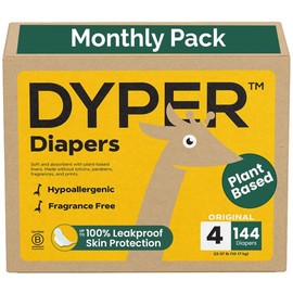 DYPER Baby Diapers Size 4 (144 Count) – Plant-Based, Hypoallergenic, Fragrance-Free & Ultra Absorbent Diapers for Day and Overnight Skin Protection, Value Pack Size 4 Diapers