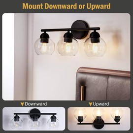 Wynterhaven 3 Light Bathroom Vanity Light, Black Vanity Light with Globe Glass Shades, Farmhouse Bathroom Light Fixtures Over Mirror, Modern Wall Lights for Bedroom Hallway, E26 Socket
