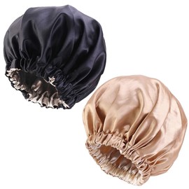 2 PCS Silk Bonnet Sleep Cap for Curly Hair, Silk Hair Wrap for Sleeping, Satin Cap for Hairstyle Maintain, Extra Large Double Layer Adjustable Satin Bonnet for Women with Elastic Band, Black, Pink