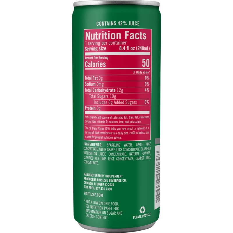 IZZE Sparkling Juice Beverage Blend, Watermelon, No Sugar Added, 8.4