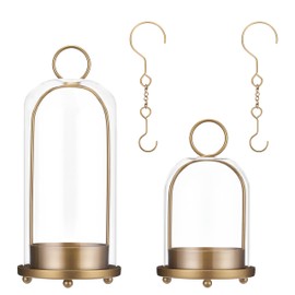 VAUWINEK Hurricane Candle Holders Set of 2, 5" & 4" Metal and Glass Candle Lantern with Clear Dome for Pillar Candle, Wedding & Christmas Table Centerpiece, Farmhouse Home Decor (Brass, Large & Small)