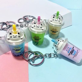 Pink Keychain Milk Tea Cup Key Ring,Cartoon Cat Car Keychain Mini Milk Tea Cup Liquid Crystal Sequin Key Ring Bag Pendant Decoration,Keyrings and Keychains Accessories