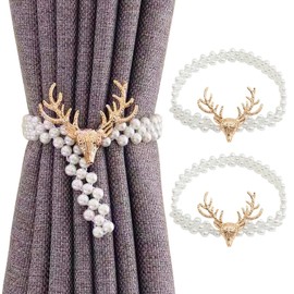 Hshenjhu Pack of 2 Curtain Tiebacks, 45 cm Pearl Bead Buckles Curtains Tiebacks, Golden Elk Head Elastic Rope Curtain Holders, for Home Office Window Decoration, Outdoor Curtains, Decorative