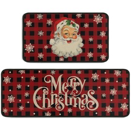 Christmas Kitchen Kitchen Rugs Set of 2, Buffalo Plaid Snowflake Santa Christmas Mat, Non-Slip Washable Kitchen Mats, Winter Christmas Kitchen Decor, Red and Black Plaid 17x30+17x47 Inch