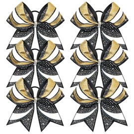 DEEKA 6 PCS Glitter Cheer Bows Rhinestone Large Stiff Competition Team Hair Bows Elastic Band Holder for Cheerleader Softball Football Girls (Black/Gold/White)