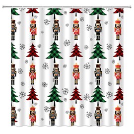 Christmas Shower Curtain Red Green Tree Nutcracker Snowflake Checkered Plaid Winter Holiday Xmas Teens Black Bathroom Home Curtain Decor with Hooks,70" Wx70 H