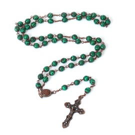 Nazareth Store Vintage Design Rosary Natural Stone Beads 8mm Necklace Holy Soil Medal & Cross Crucifix Religious Rosaries Terra Santa Jerusalem Collection (Malachite)