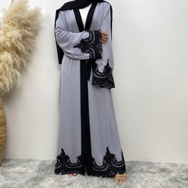 AFAVOM Turkey Abaya for Women Islamic Muslim Prayer Dress Long Sleeve Embroidered Open Front Cardigan Kaftan Ankle Length Dubai Robe Maxi Dress Casual Turkish Modest Dress with Belt Gray XL