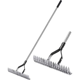 Thatch Rake Landscaping Tools, 15 Inch Heavy Duty Garden Rake with Stainless Steel Handle, Lawn Loosening Soil Rake for Cleaning Dead Grass, Adjustable Dethatcher Rake for Garden Yard Lawn