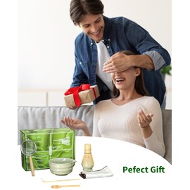 Matcha Whisk Set, 7Pcs Macha Kit, Matcha Tea Ceremony Accessories, Ceramic Bowl with Spout, Match Whisk(Chasen) and Holder, Bamboo Stainless Sifter, Scoop, Spoon and Towel, Gift for Tea Starter Lover