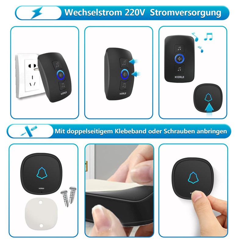 Kerui Wireless Bell 1 Transmitter 2 Receivers, Waterproof Doorbell Wireless