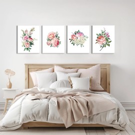 Pink Rose Framed Canvas Wall Art Set，Pink Rose Canvas Painting Flower Wall Art,Modern Wall Decor，Bathroom Living Room Girls Bedroom -Framed, 8"x10"x3