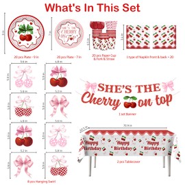 Xynic Cherry Party Decorations, She's the Cherry on Top Banner Hanging Swirls Plates and Napkins 2 Pcs Tablecloth Bow and Cherry On Top Baby Shower Birthday Bridal Shower Party Decorations