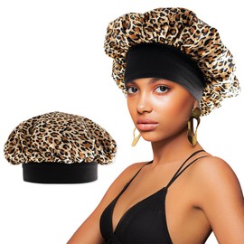Satin Bonnet for Sleeping 2.5 inch Wide Edge Hair Bonnet for Women Sleep Bonnets for Braids Locs Curly Natural Hair Comfortable Stretchable Wraps Hair Bonnets Night Cap for Women (Leopard)