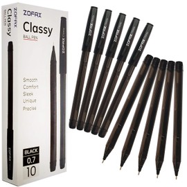 ZOFAX Classy 10 x 0.7mm Fine Biros BLACK Stick Ballpoint Pens Smooth Writing Comfort Trio Grip - Business School Hospital Office Home Ideal