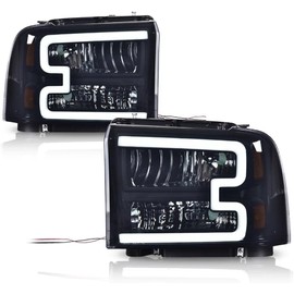 CHEDA LED DRL Headlights Assembly, Compatible with 2005 2006 2007 Ford F250 F350 F450 F550 Super Duty bumper Headlamp(Smoky lens Black Housing Amber Reflector) Faros Conjunto De Faros