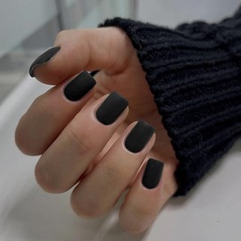 Matte Black Press on Nails Short Square, Short Fake Nails Glue on Short Square Nails Press ons, Soft Gel Glue on Nails Short Stick on Nails for Women Thick Solid Color Acrylic Nails 24pcs