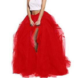 Lisong Women Maxi Tulle Floor Length Layered High Waist Spectial Occasion Skirt 3XL Red