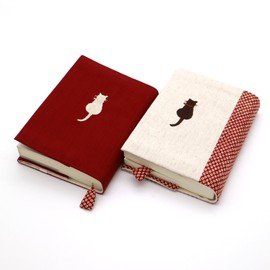 [Set of 2] sheepsleep Cloth Book Cover, Bunko Style, Bunko Book, Cat Pattern, Made in Japan, Tail Cat, Raw & Red