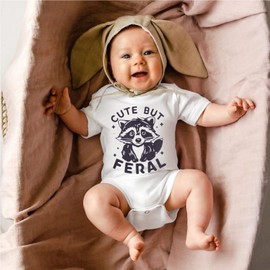 MODNTOGA Infant Girl Boy Bodysuit Cute But Feral Raccoon Graphic Onesie Newborn Baby Animal Print Short Sleeve Romper Tops (White, 3-6 Months)