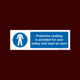 Protective clothing is provided for your safety Plastic Sign with double sided fixing tape (MPC2) - Personal Protective Equipment, Lab Coats, High visibility, Garments