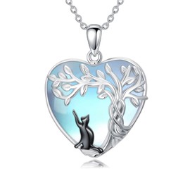 OJK Black Cat Necklace for Women S925 Sterling Silver Tee of Life Jewelry Moonstone Pendant, Anniversary Birthday Cat Gifts for Women Mom Her Wife Sister
