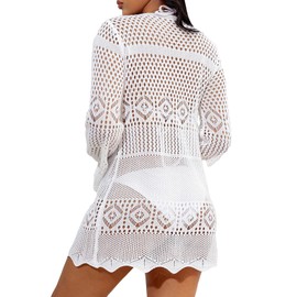 WDIRARA Women's Hollow Out Tie Front Beach Kimono Long Sleeve See Through Solid Crochet Cover Up, White, Large