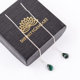 InfinitygemsArt Emerald Pear Gemstone Threader Dainty Earring Pair - Natural Faceted Crystal - Birthstone, Gift for her, Energy Healing Crystals Jewelry in Silver Plated, Every Day Wear Jewelry, Elegant Gift