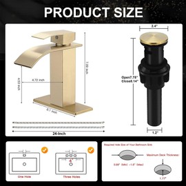 RUITHOE Gold Bathroom Faucet, Waterfall Bathroom Sink Faucet, Single Hole Deck Mounted Single Handle Lavatory Vanity with Pop Up Drain Parts Mixer Tap Basin Modern Bath Brushed Gold