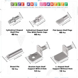 Glarks 156Pcs 6 Styles Shelf Pins Kit, Nickel Shelf Support Pegs, PVC Shelf Pins, Flat Spoon Pegs, Cylindrical Pins Holder, L-Shaped Bracket and Dowel Pins for Cabinets