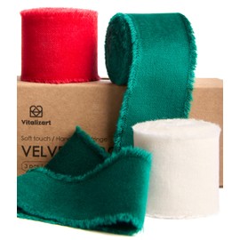 Vitalizart - Cinta de terciopelo de Navidad de 1-1/2 pulgadas, tela de flecos deshilachada hecha a mano para coronas de Navidad, adornos de manualidades, decoración de regalo, crema 3 rollos de cinta