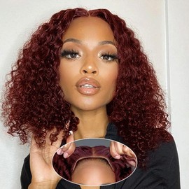 99J Burgundy Glueless Wigs Human Hair Pre Plucked Pre Cut 4x4 Wear and Go Deep Wave Bob Wig 180% Density Ready to Wear Curly Bob Wigs for Black Women (Burgundy Wig, 12in)
