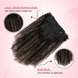 Yuniffe Kinky Curly Clip in Human Hair Extensions for Black Women 3C Curly Hair Clip ins Ombre Natural Black to Mixed With Camel Blonde #27 Double Weft Remy Kinky Hair Clip ins 16 Inch 7Pcs 120g