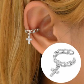 Aneneiceera Vintage Blue Crystal Ear Cuff Earrings Silver Cz Cuff Clip Earrings Hollow Ring Cuff Earrings Rhinestone Clip Wrap Earrings Jewelry for Women (With cross)