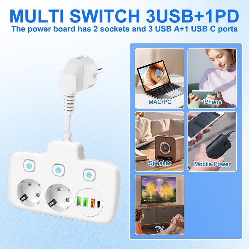 KUWUNG 6 in 1 Socket with USB, 2-Way Double Plug