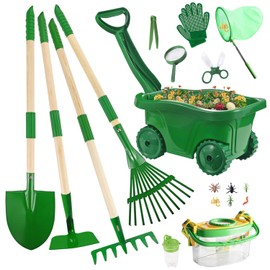 Duckura Kids Gardening Tools Bug Catcher Kit, Outdoor Toys with Wheelbarrow Set and Shovel, Rake, Bug Catcher Kit, Summer Yard Digging Weed Birthday Gifts Toys, Easter for Boys Girls Age 2 3+