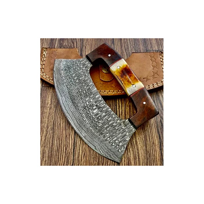 TTC-111 Handmade Damascus Ulu kitchen Knife -Wood Handle (Bone/wood Handle)