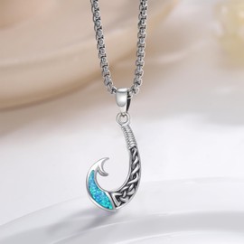PCTJYFU Fishhook Pendant 925 Sterling Silver Hook Opal Necklace Unisex Hawaiian Jewelry