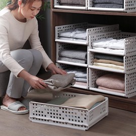 Folding and Stackable Storage Shelf | Foldable Drawer Organizer | Closet Wardrobe Organizer, Set of 4, White