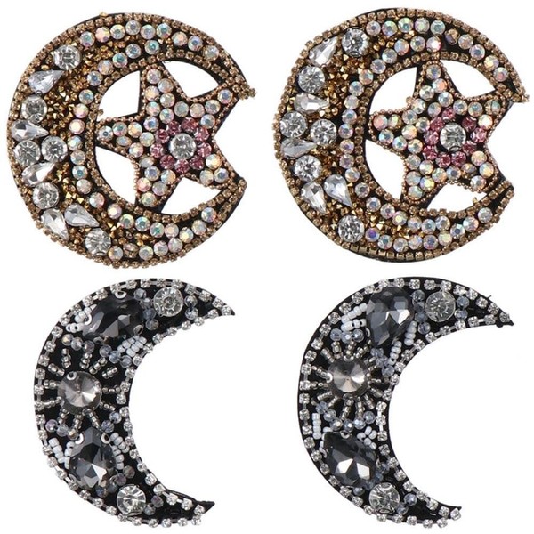 Uniquer 4Pcs Moon Star Rhinestone Iron on Patch Black Crystal