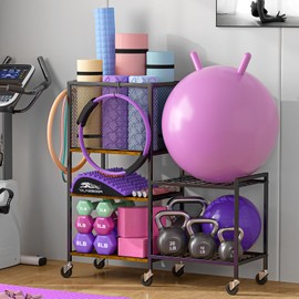 5 Tier Dumbbell Rack, Yoga Mat Storage Holder, Home Gym Storage Rack, Workout Equipment Storage Organizer, Weight Storage Holder Rack with Hooks and Wheels
