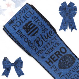 Blinket Police Badge Wired Edge Ribbon Badge Pattern Police Badge Wired Edge Ribbon Police Day Ribbon for Police Support Law Enforcement Wreath Bows2.5""×10 Yards