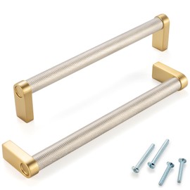 ASKANO Nickel and Gold Cabinet Pulls, 6-1/4 Inch Hole Centers, Knurled Bar Kitchen Cabinet Handles AP1311 | Pack of 5, Solid Hardware for Kitchen Door Drawer Dresser Bathroom Vanity Cupboard, 6.3"