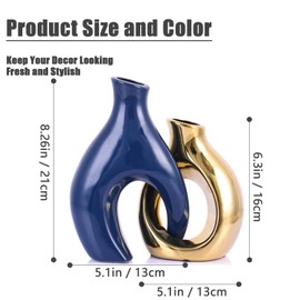 Navy Blue and Gold Modern Abstract Ceramic Vase Set – 2-Piece Snuggle Hollow Design for Home Decor, Stylish Centerpiece Vases for Living Room, Office, and Shelf Display