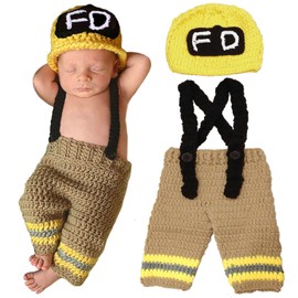 SPOKKI Newborn Photography Outfits Boy, 2 PCS Baby Crochet Firefighter Fireman Costume Photo Prop for Boys Girls Twins Photoshoot Christmas Outfits /0-3 months (Yellow)