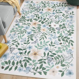 Lahome Light Blue Boho Rugs for Bedroom Aesthetic 5x7, Washable Floral Kids Dorm Rugs,Rubber Backed Non Slip Thin Carpets for Living Room,Nursery,Dining Room