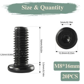 GOHODOMINO M8 x 16mm 20Pcs Flat Head Hex Socket Cap Screws Bolts, Stainless Steel 304 (18-8), Full Thread, Black Oxide