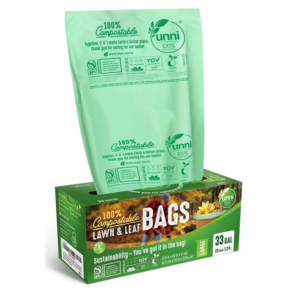 UNNI 100% Compostable Bags, 30-33 Gallon, 124 Liter, 20 Count, Extra Thick 1.1 Mils, Lawn & Leaf Yard Waste Bag, Non-GMO, ASTM D6400, EN 13432, US BPI & Europe OK Compost Home Certified, San Francisco