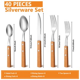 40 Pcs Wooden Handle Silverware Cutlery Set Walnut Handle 18/8 (304) Stainless Steel Cutlery Set Wooden Handle Knife Fork Spoon Reusable Utensils Serves for 8 (Wood Color)