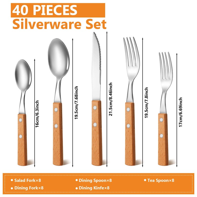 40 Pcs Wooden Handle Silverware Cutlery Set Walnut Handle 18/8